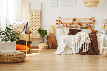 Green fresh plant placed on a wicker footrest in bedroomの写真素材