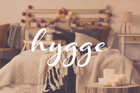 Big white text in the photo of cozy bedroomの写真素材