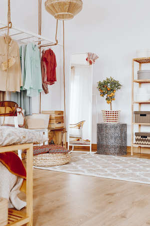 Tangerine tree on designed metal shelf next to mirror in white frame in open wardrobeの写真素材