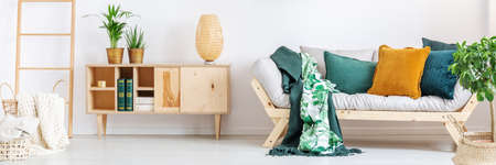 Plants on wooden rustic cupboard in living room with orange and green pillow on beige sofaの写真素材