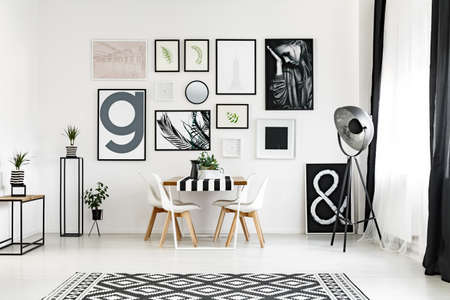 Big black and white carpet with geometric pattern in stylish living roomの写真素材