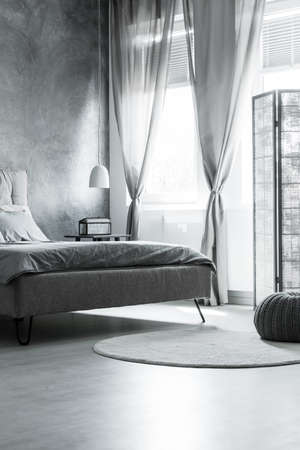 King-size bed under window with decorative curtains in classic grey bedroom with screen and white carpetの写真素材