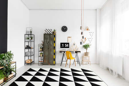 Black and white carpet in open space interior with computer monitor on desk and metal wardrobeの写真素材