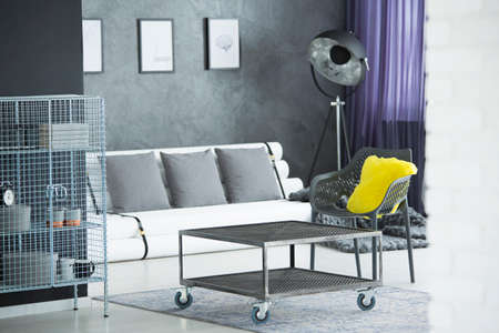 Yellow accent in contemporary gray living room interior with DIY sofa, metal furniture and retro...