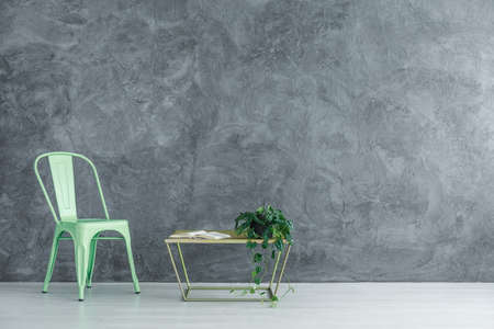 Mint chair next to table with book and plant against grey textured wall in spacious room, copy space...