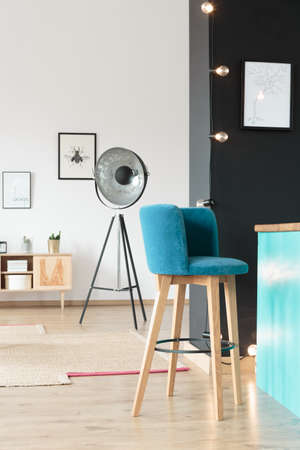 Stylish wooden and velvet barstool in kitchen annexの写真素材