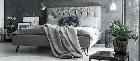 Plant in flowerpot on design table in bedroom with braided pillow on king size bedの写真素材