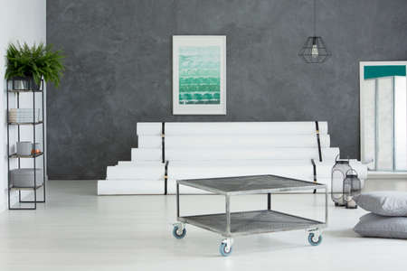 Metal industrial table with wheels standing in the middle of gray and white living room with fern on black rackの写真素材