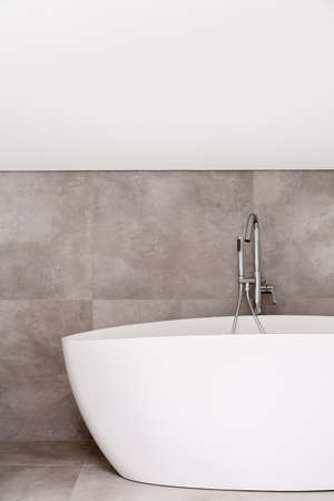 Oval bathtub with stainless steel faucet in empty bathroom with grey glaze