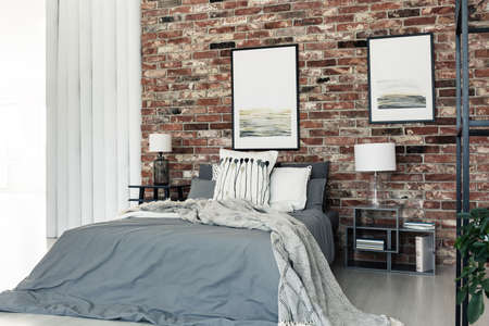 Coverlet lying on a king-size bed with grey bedclothes standing in a room with framed postersの写真素材