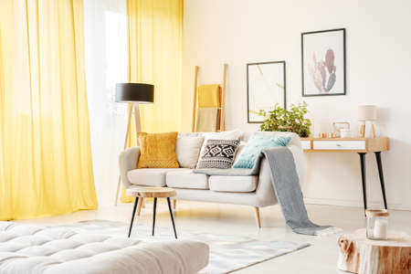 Blanket and pillows on a sofa and table on a carpet against a wall with posters in cozy living room with mattressの写真素材