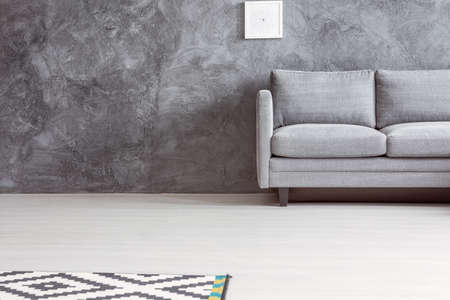 Copy space shot of monochromatic minimalist studio apartment with gray sofa, simple poster, concrete wall and patterned rugの写真素材