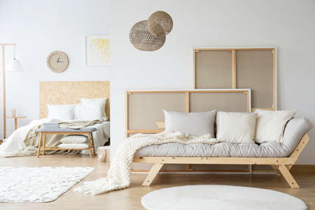 Kings-size bed and a cozy sofa in a monochromatic white room interior