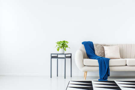 Blue blanket on beige sofa against the wall with copy space in bright living room with plant on...