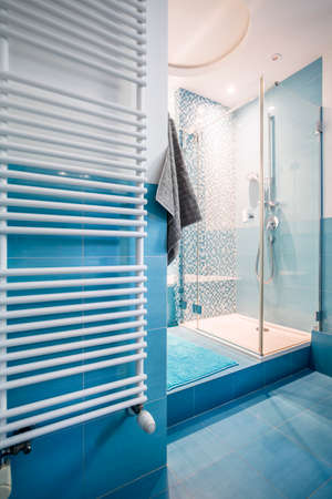 Blue spacious bathroom with glass shower and white radiator on the wall