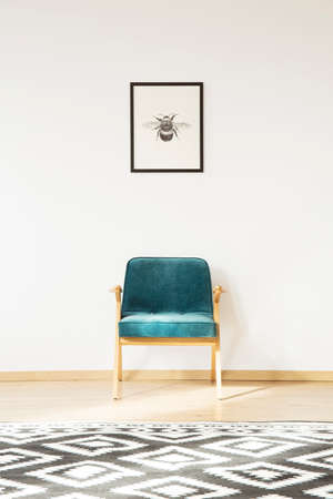 Black and white carpet and blue armchair against a wall with poster in simple roomの写真素材