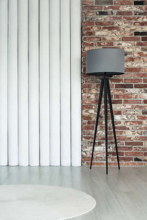 Photo of white tubes, brick wall, black and grey lamp and round rugの写真素材