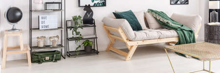 Black globe on wooden stool and shelf with plants in simple living room with beige sofa and gold tableの写真素材