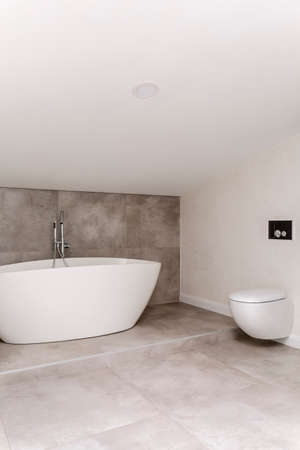 Spacious bathroom with toilet against white wall and oval bathtub against dark glaze の写真素材