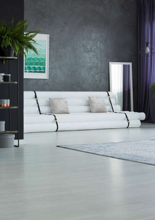 Plant on shelf and white cushions on paper settee in apartment interior with poster on concrete wall