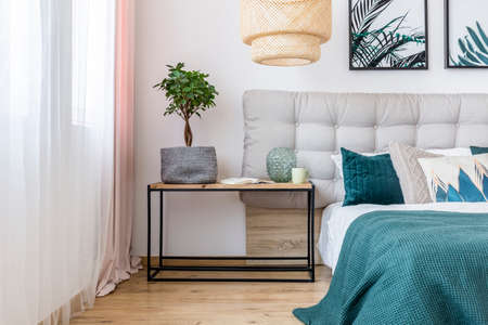 Plant, vase and book on table next to bed with beige bedhead and green bedding in cozy bedroom...