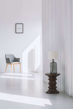 Lamp on black designer table in hall with grey chair against wall with picture