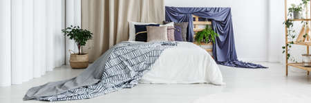 Dark blue accessories in spacious white bedroom with plantsの写真素材