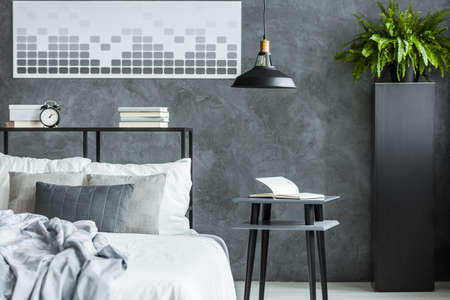 Close-up of black lamp above nightstand with book in grey bedroom with fern, clock and poster on concrete wallの写真素材