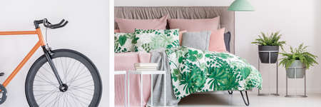 Orange bike in bedroom interior with ferns, green floral bedding on king-size bed and books on table