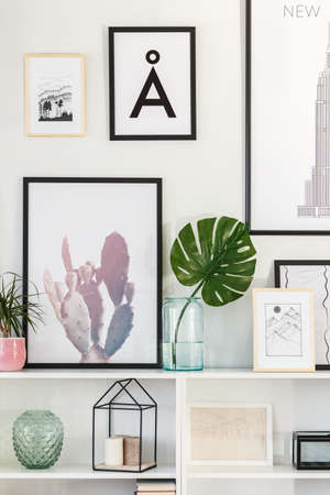 Close-up of a green leaf in glass vase on the cupboard, against a wall with posters in cozy living room interiorの写真素材