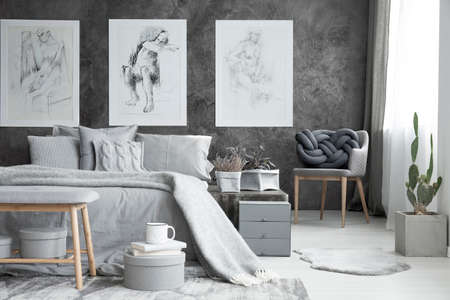 Cactus, white fur and grey chair near bed with grey bedding in bright bedroom interior with postersの写真素材