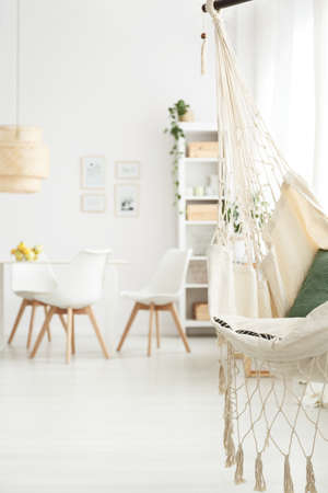 Close-up of brazilian chair hanging in white dining room interior with table and white chairs in blurred backgroundの写真素材