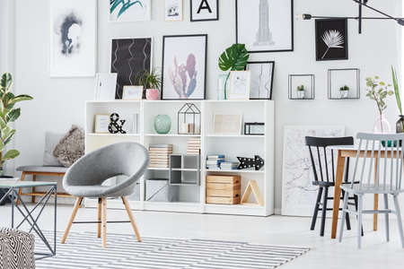 Leaf on white cupboard in cozy living room interior with posters on the wall and chairs