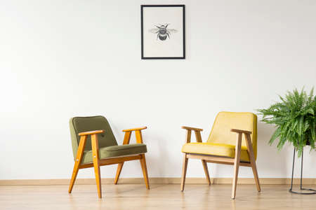Poster on white wall with copy space above yellow and green armchair next to fern in vintage room interiorの写真素材