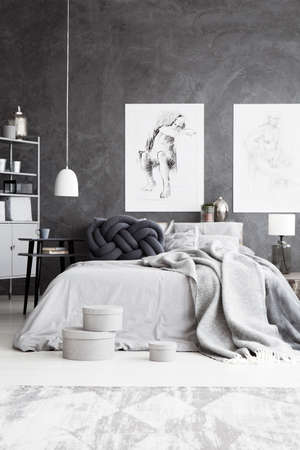 Two handmade sketches hanging above king size bed in grey room with carpetの写真素材