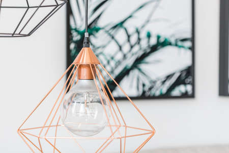 Close-up of a modern, copper lamp with bulb and poster in the backgroundの写真素材