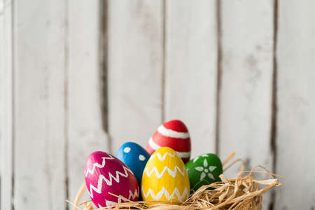 Cute colorful painted eggs in a nest prepared for easterの写真素材