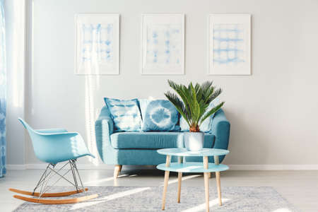 Palm on light blue, round table standing next to a rocking chair and sofa in bright living room interiorの写真素材
