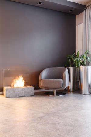 Fireplace next to a designer, grey armchair and plant in silver vase in cozy living room interiorの写真素材