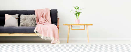 Grey cushions and pink blanket on black couch next to wooden table with plant in apartment interior with patterned carpet and copy spaceの写真素材