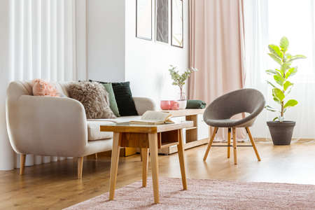 Warm, feminine living room interior with gray armchair, beige sofa and small, woolen coffee tableの写真素材