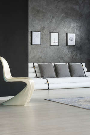 Modern, plastic s-shaped chair and a sofa made of recycled paper tubes in a dark gray, designer...