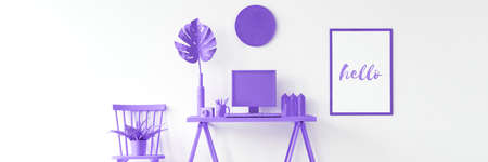 Monstera leaf on desk in pantone workspace interior with poster on white wall and fern on chairの写真素材