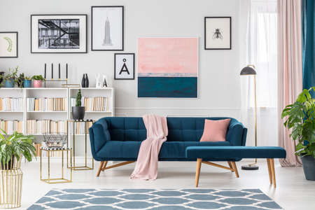 Blue bench and settee with pink blanket in elegant living room interior with bookcase and postersの写真素材