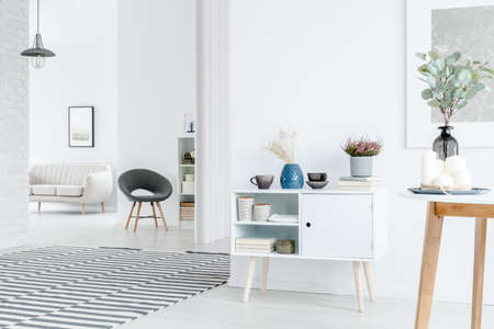 Heather on cupboard in spacious white apartment interior with striped carpet and grey chairの写真素材