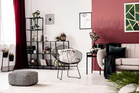 Metal armchair with pillow in living room interior with heather plants and pouf