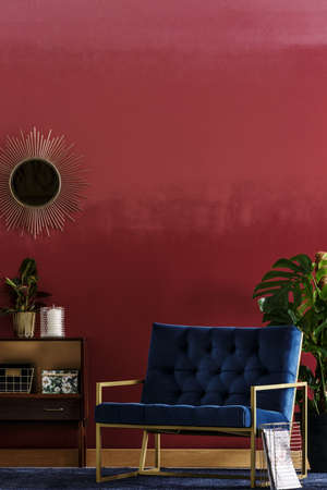 Blue, metal armchair, big plant and wooden cupboard set on red wall in living room interiorの写真素材