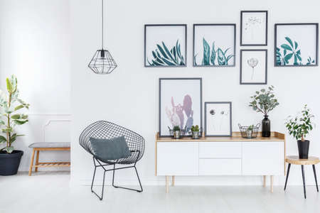 Armchair under lamp next to cupboard with plant against white wall with posters in anteroom interiorの写真素材