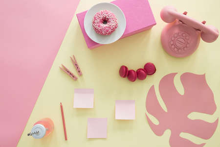 Copy space on pink background and leaf, doughnut and phone on yellow backgroundの写真素材