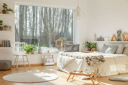 Bedroom interior with nice view out the window, king-size bed, chair, rug and ornamentsの写真素材